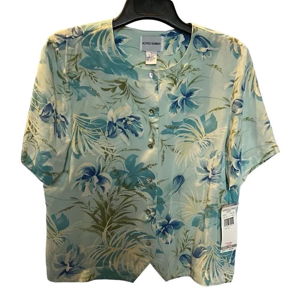 Alfred Dunner Women's Button Down Silk Blouse Blue/Green/Cream Floral Size 14
